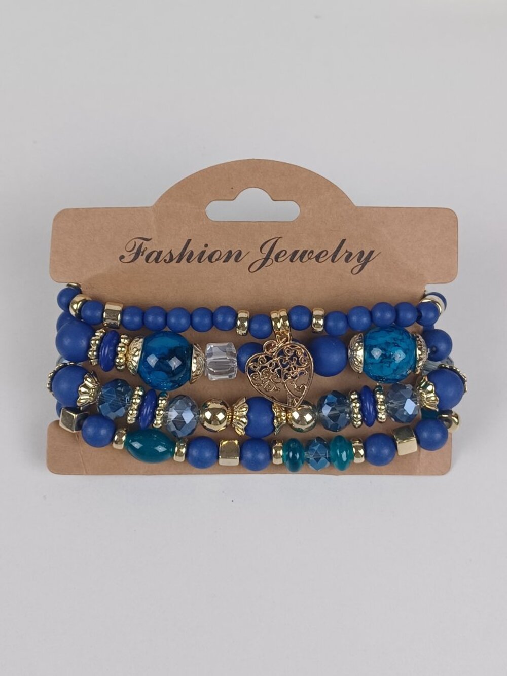 4-Piece Bohemian Beaded Bracelet Set - Dark Blue Heart & Tree Pendants